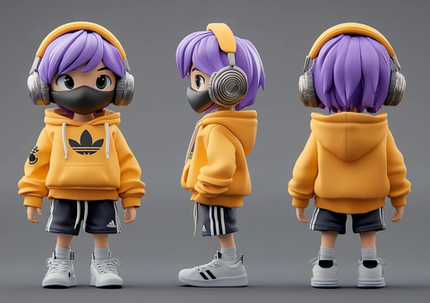 紫色头发男孩口罩耳机鞋