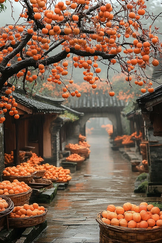 挂满柿子的古村小巷景象