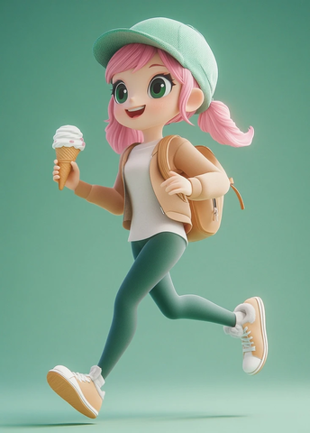 绿帽子女孩跑步吃冰淇淋