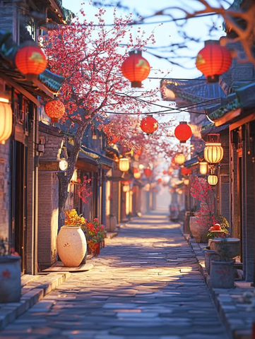 古街灯笼高挂石板路尽显传统韵味