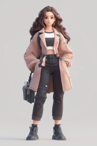 黑裤黑鞋绿夹克年轻女性