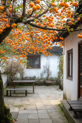 柿子树旁的庭院风光