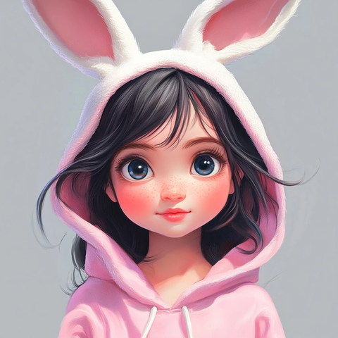 女孩穿粉色兔装模仿兔子姿势