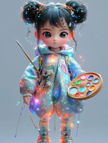 彩衣女孩手持调色板