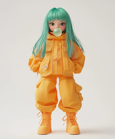 绿发女孩吹泡泡糖穿宽松衣服