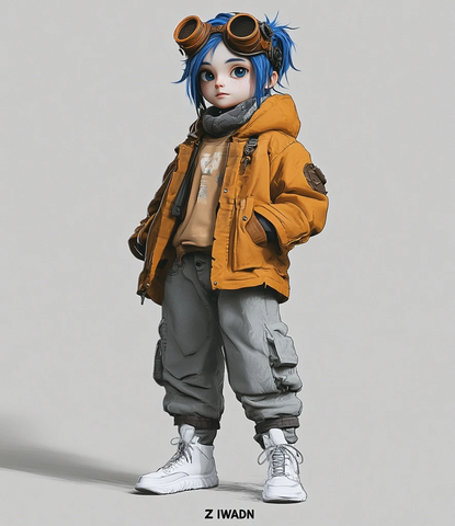 蓝发男孩戴护目镜穿工装