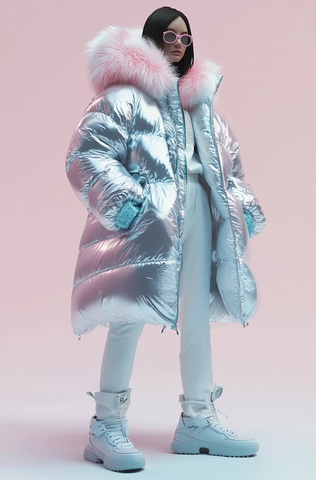 银色羽绒服搭配蓝粉毛领