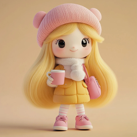 粉色贝雷帽长毛绒喝茶娃娃