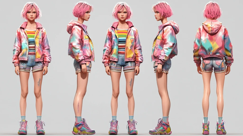 粉发少女彩虹外套条纹裙