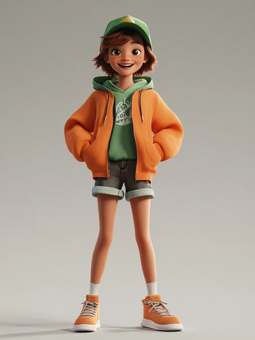 女孩橙色夹克绿色帽子站立