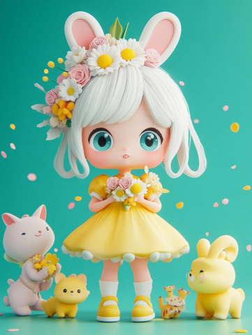 白发女孩黄裙抱花与小动物