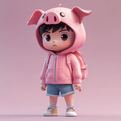 男孩粉色猪头帽背包