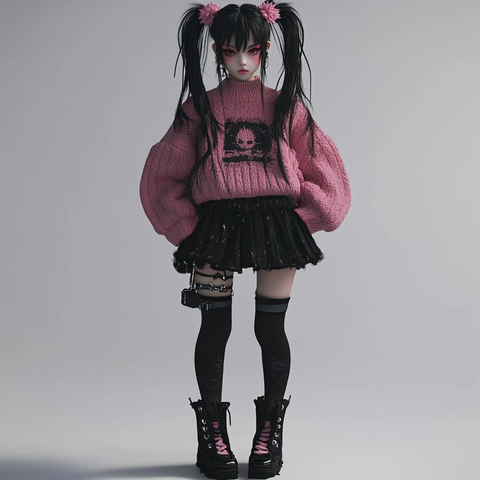 双马尾黑发粉条纹毛衣裙装