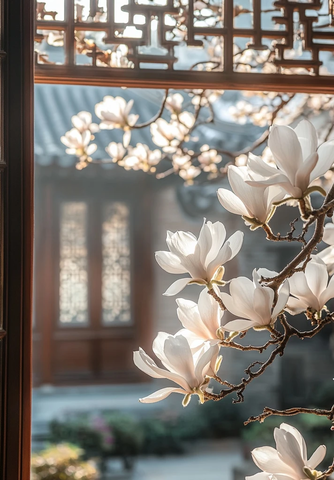 透过古窗棂赏盛开的玉兰花