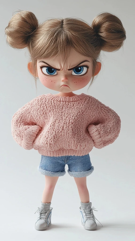 翘嘴小女孩粉色毛衣牛仔短裤