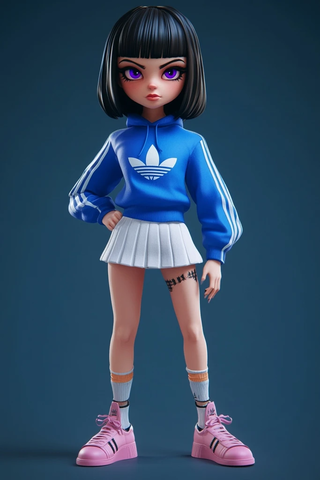 白皮肤女孩黑发蓝衣紫眼卡通