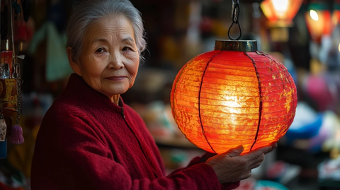 红衣老妇人手持红色灯笼