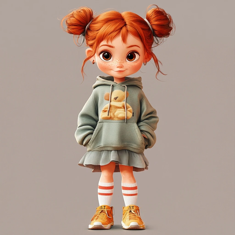 红发女孩穿裙子和运动鞋