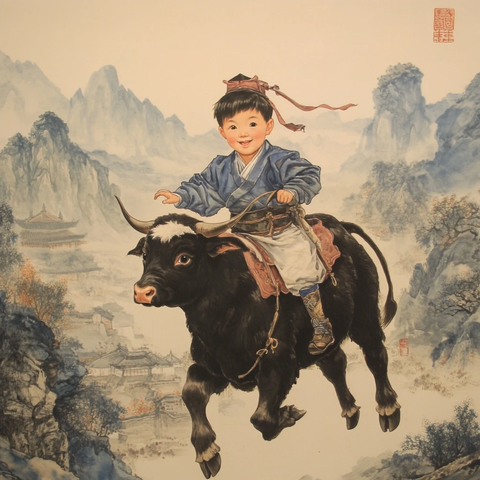 骑牛孩童与山水古建