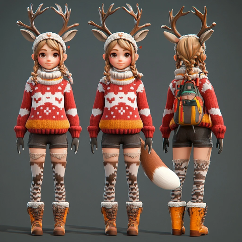 女孩戴鹿角狐狸耳庆新年