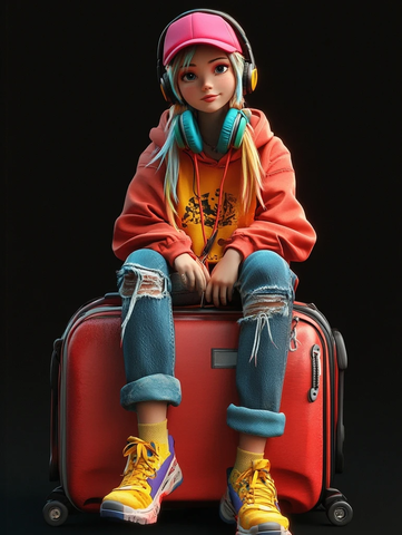 女孩行李耳机多彩装扮