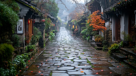 雨中石板路古巷尽显古朴静谧之美