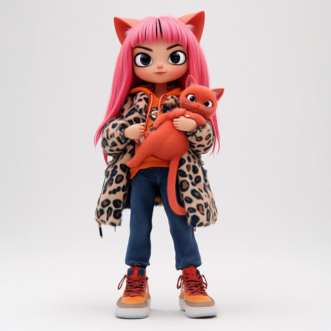 篮球鞋豹纹外套女孩抱红猫