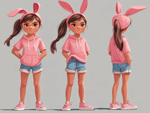 女孩兔耳发带粉色短袖牛仔短裤