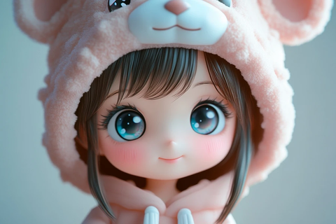 小女孩戴动物帽子盲盒玩具