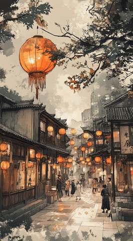 古街灯笼高挂行人往来的热闹景象