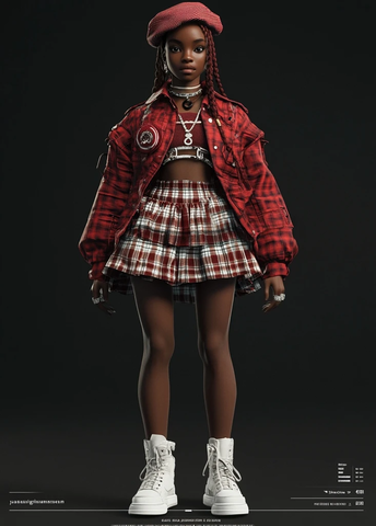 红白格纹裙装搭配贝雷帽