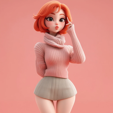 红发女孩吹吻温馨装扮