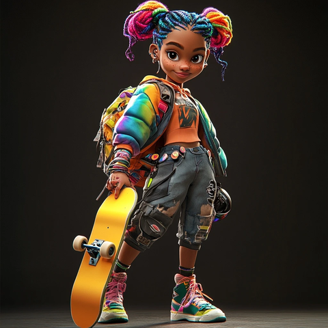 彩虹发辫少年滑板
