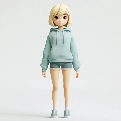 短发女孩穿着宽松蓝色连帽衫