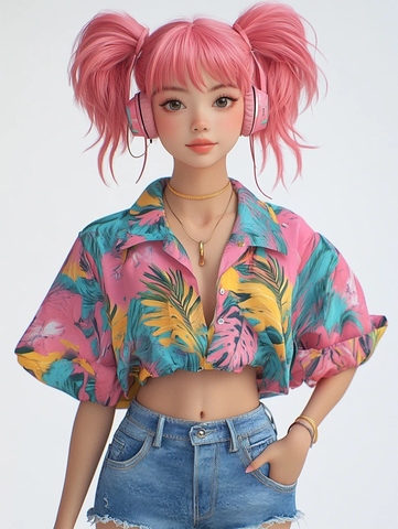 粉色双丸子头女孩耳机上衣