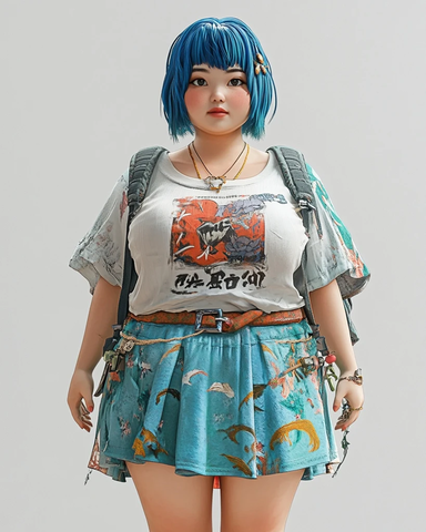 蓝色短发亚洲女性自然风格