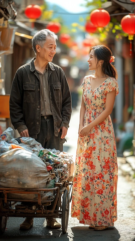 穿着碎花裙的女子与老人街头交谈