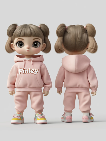 女孩穿粉色套装抱着玩具