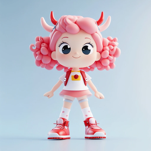 小女孩角头粉色卷发红鞋