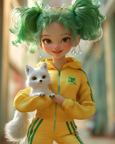 绿发女孩抱白狐穿运动装跳舞