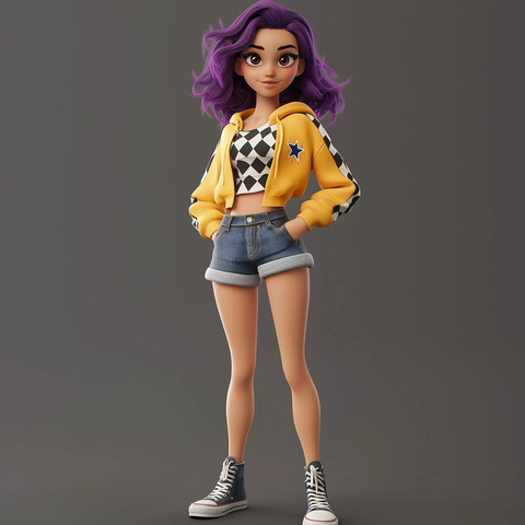 紫发女郎穿黄衣牛仔短裙