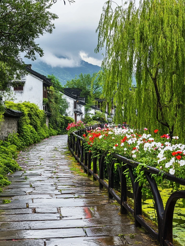 石板小径旁鲜花绿树相伴的江南水乡风光