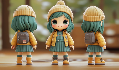 绿发女孩毛帽连衣裙短靴