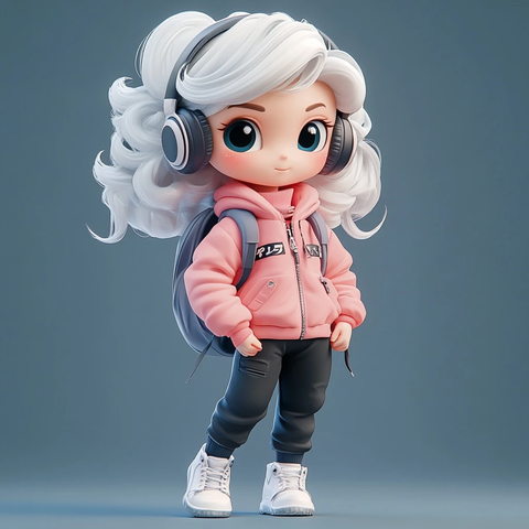 白发少女背书包戴耳机