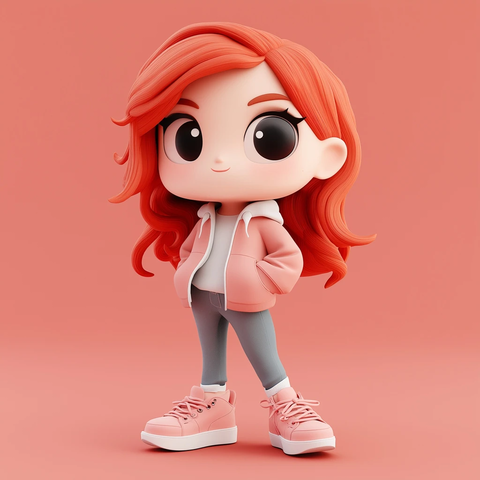 红发女孩穿粉色运动鞋