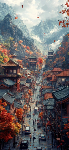 山间古镇街景秋景中热闹的街道