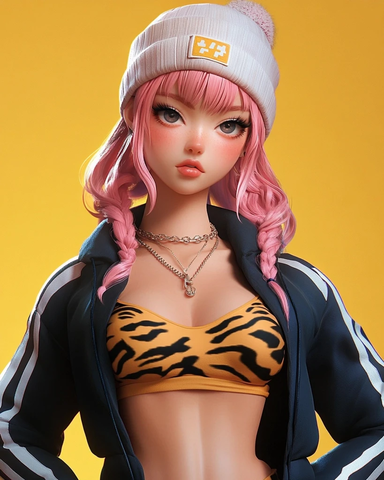 粉色发女子黑条纹运动装