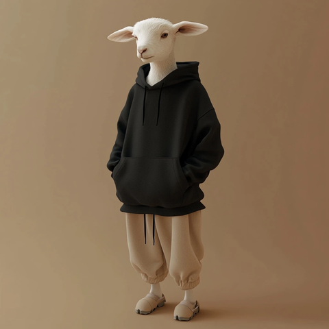 女孩穿着黑色帽衫和米色裤子