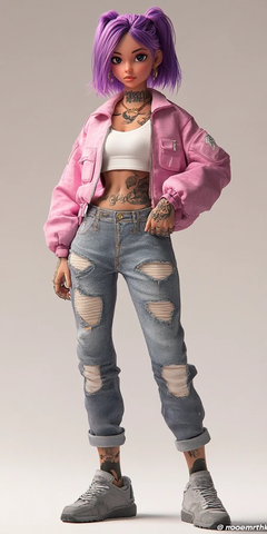 紫发少女粉色夹克牛仔裤