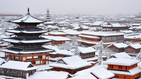 雪中古建筑群尽显古色古香之美